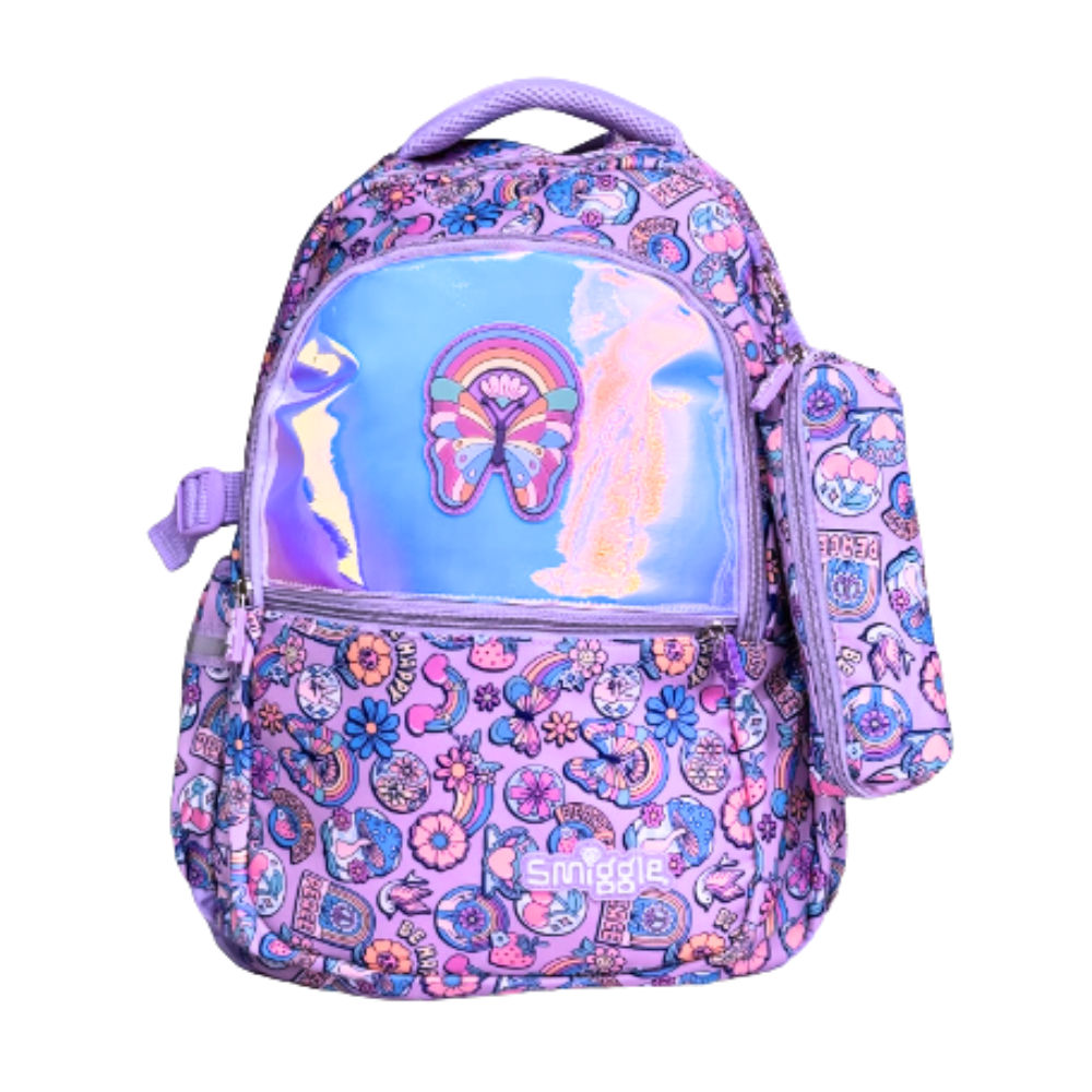Smiggle Mochila Morada Holográfica con Cartuchera