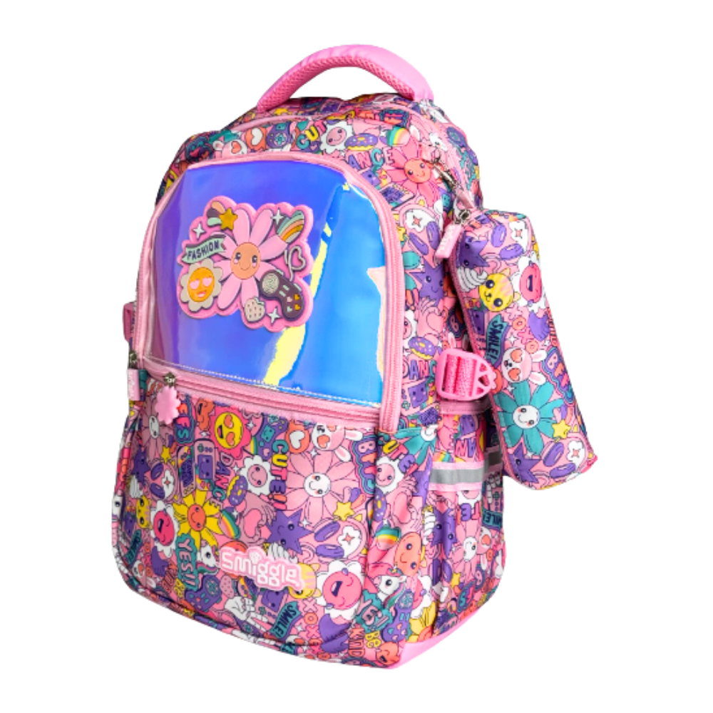 Smiggle Mochila Rosada Holográfica con Cartuchera