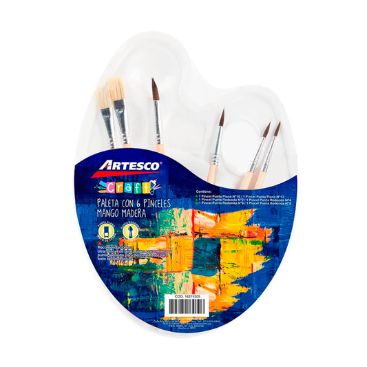 Artesco Paleta con 6 Pinceles Mango Madera