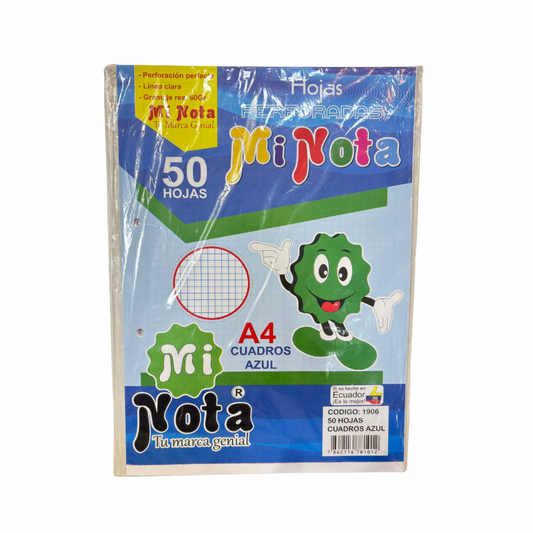 Mi Nota 50 Hojas Perforadas A4 Cuadros Azul