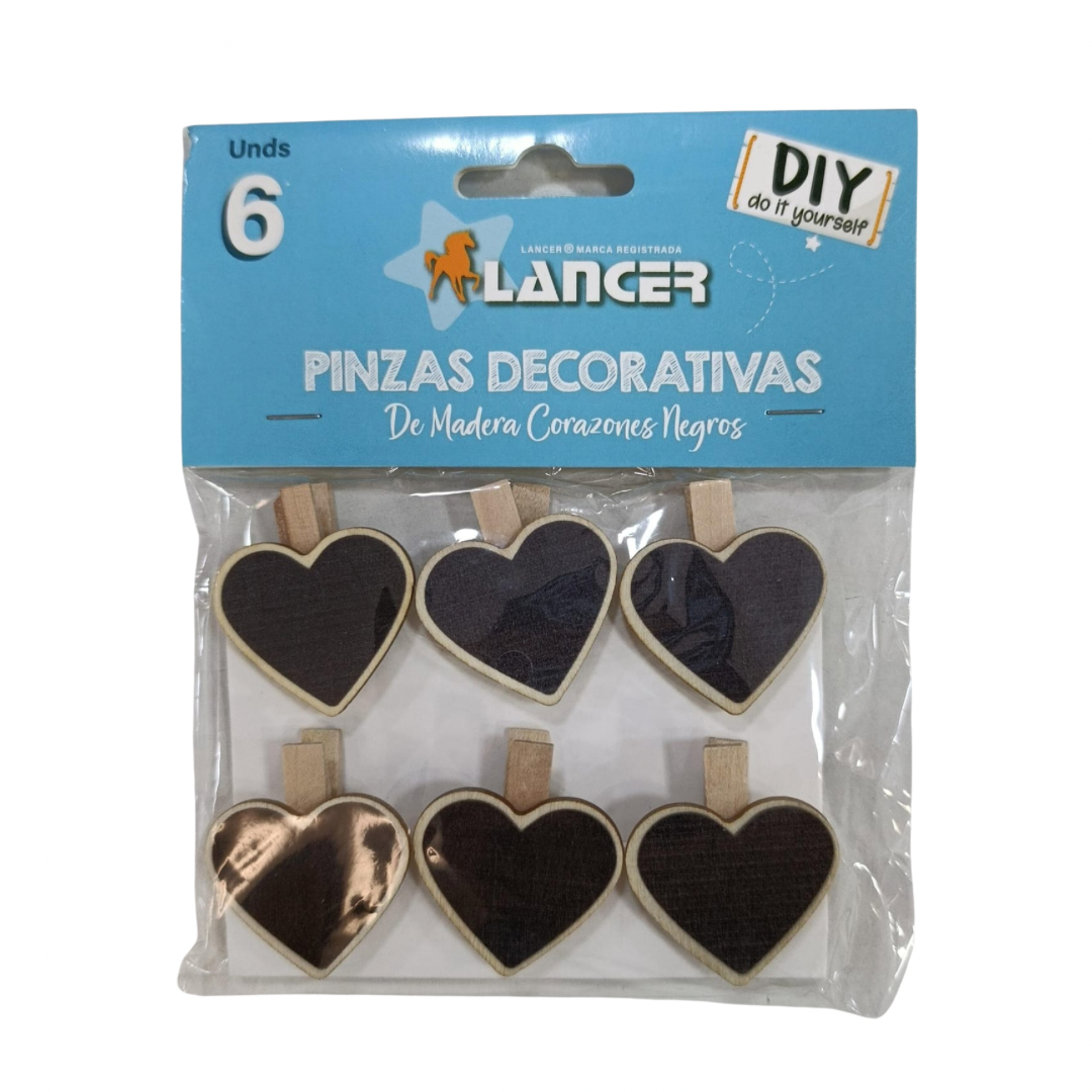 Lancer Pinzas Decorativas de Madera Corazones Negros X6